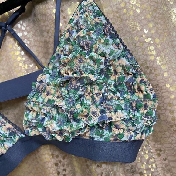 Aerie blue mesh ruffle strappy triangle bralette M, NWOT - Picture 3 of 6